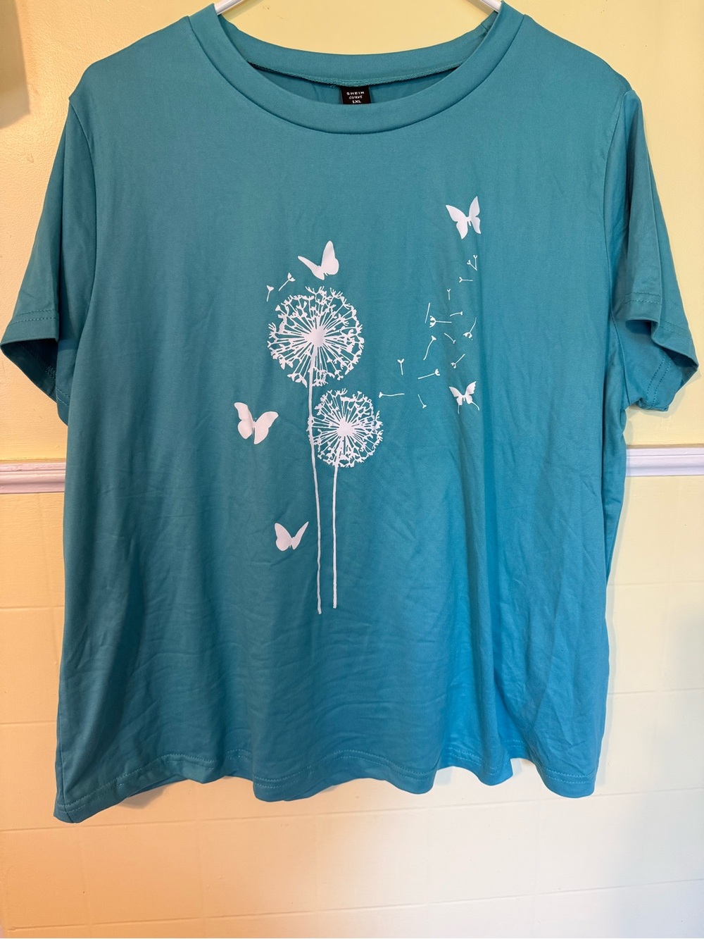 SHEIN Teal Short-Sleeve Tee with White Dandelion & Butterfly Print